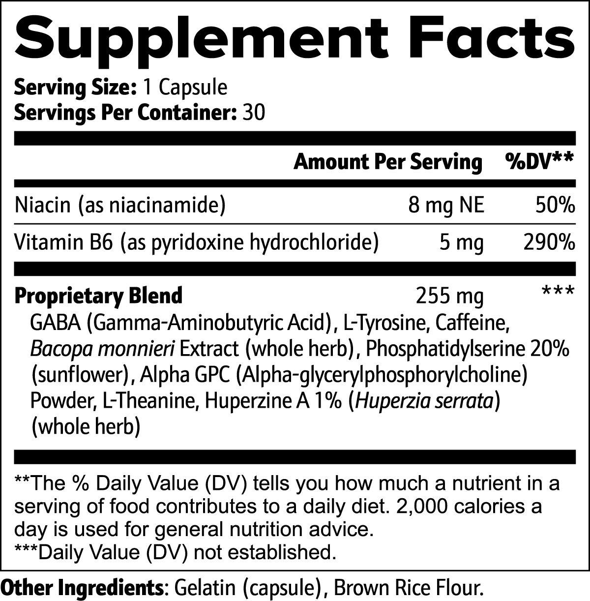 Cognitive Support Nootropic For Focus And Mental Clarity With Niacin B6 GABA L Tyrosine Bacopa Monnieri And Huperzine A
