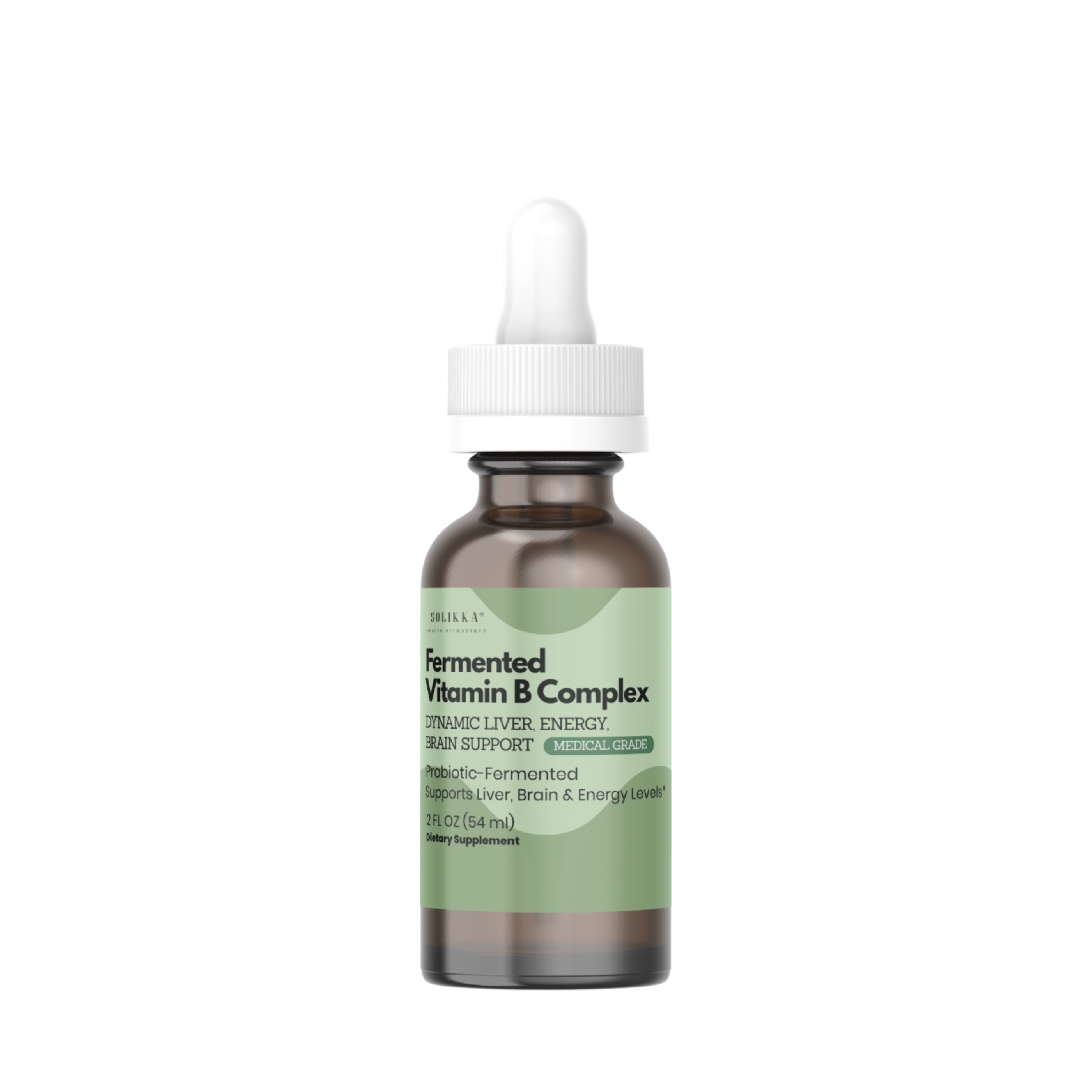 A small amber glass dropper bottle with a white cap and a pale green label, centered on a plain white background. The label text appears to read 'Soyfermented Vitamin B Complex'.