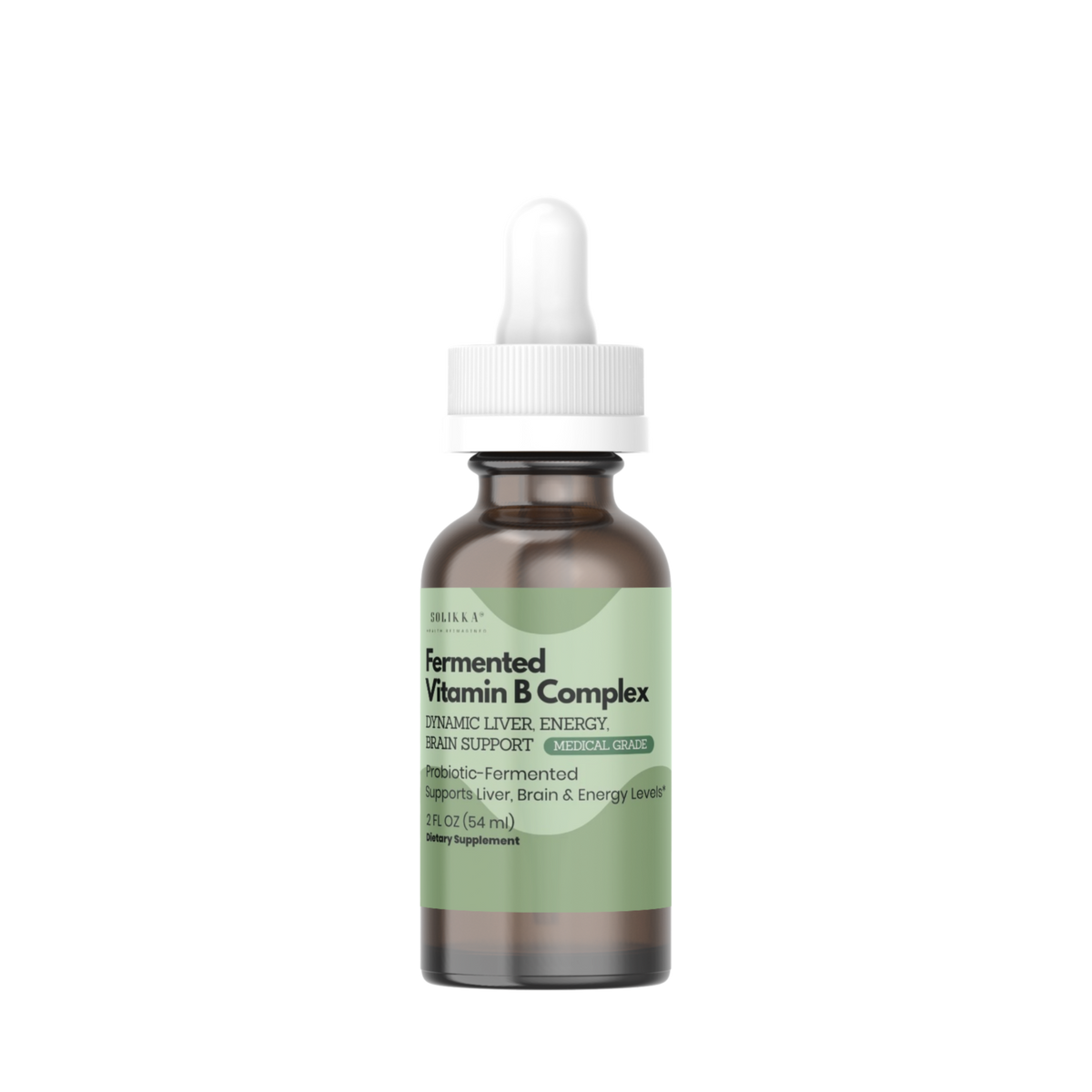 A small amber glass dropper bottle with a white cap and a pale green label, centered on a plain white background. The label text appears to read 'Soyfermented Vitamin B Complex'.