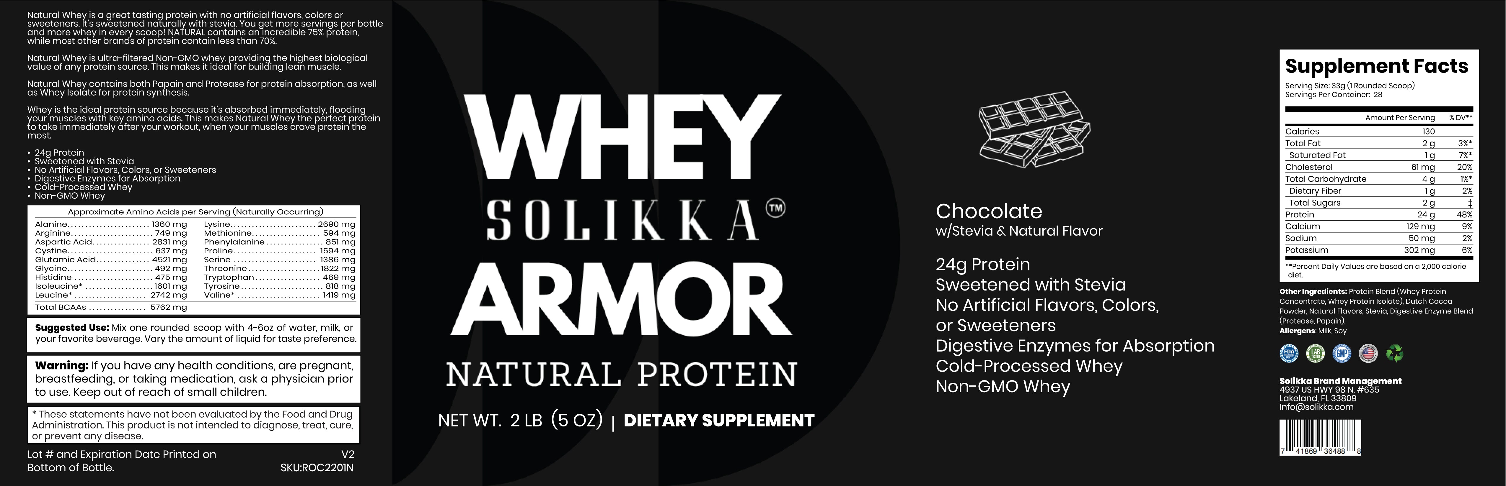 2lb Whey Armor Natural Protein Chocolate w/Stevia & Natural Flavor Non-GMO