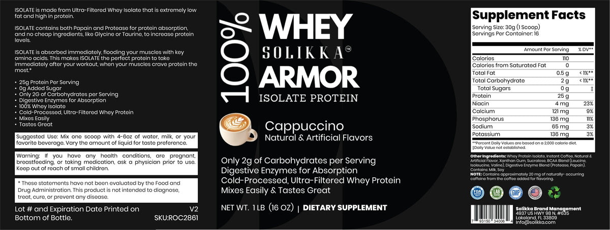 100% Whey Armor Isolate Protein Powder – Cappuccino Flavor (1 lb / 16 Servings)