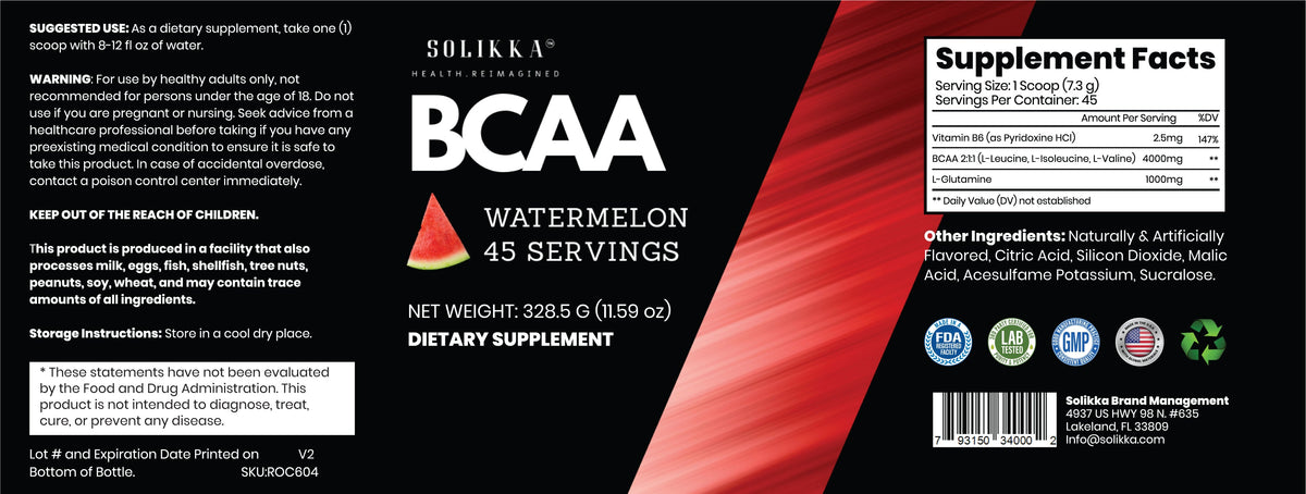 BCAA Powder – 2:1:1 Ratio with L-Glutamine, Watermelon (45 Servings)